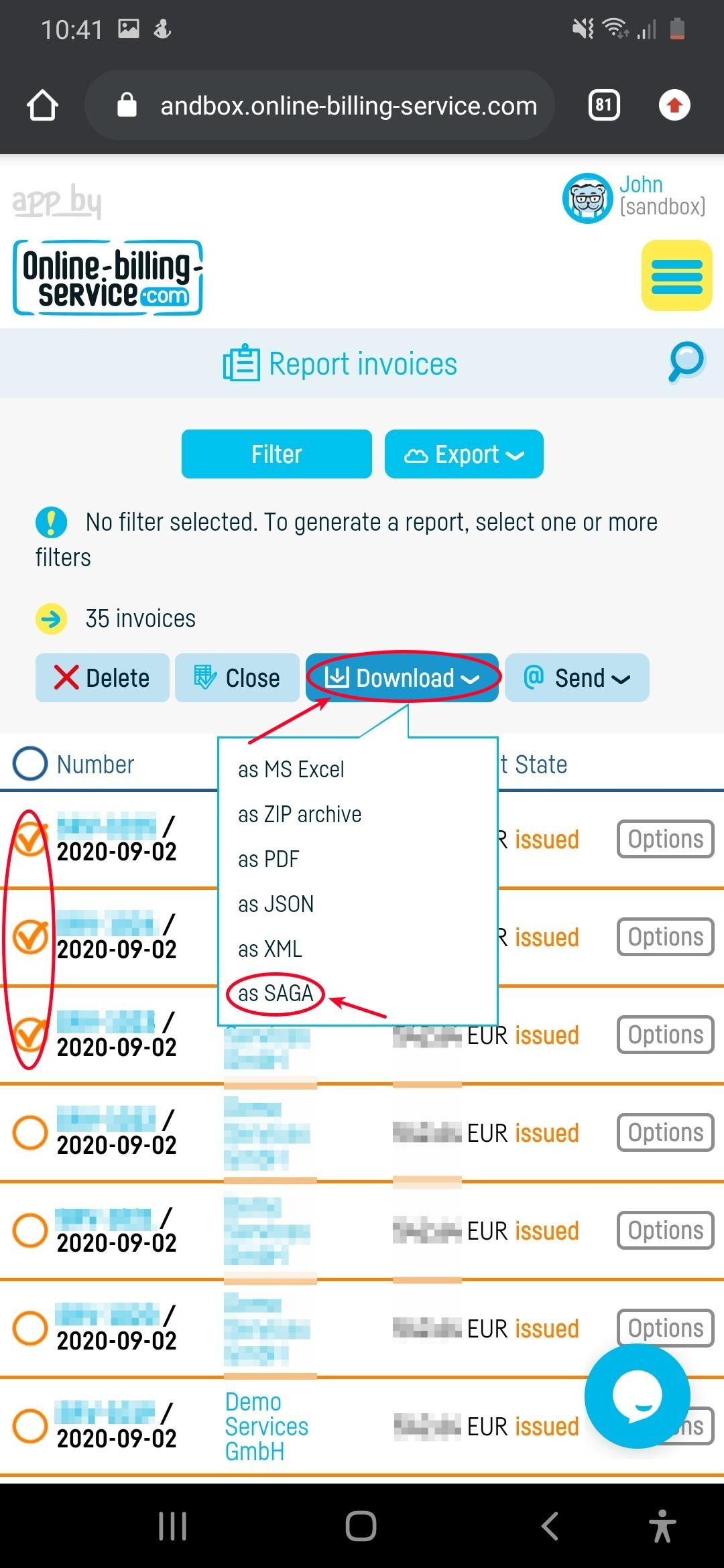 How do I export a group of invoices to SAGA? - step 4