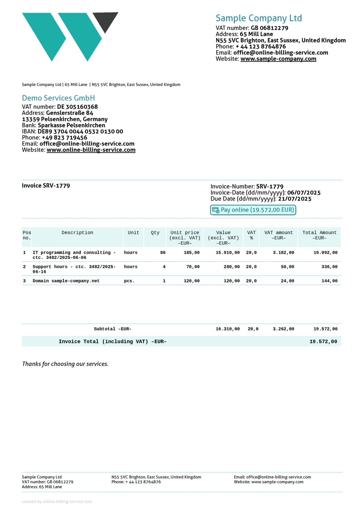 Invoice and receipt 3x on A4 (USD + EUR), Spanish